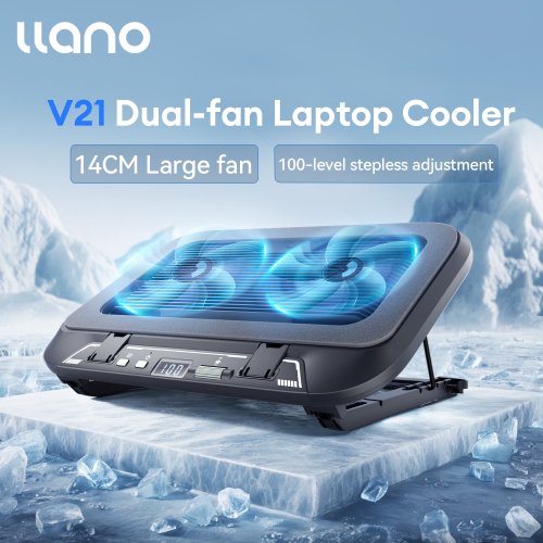 Image of LLANO V21 14cm Dual Fans Laptop Cooler Pad with Adjustable LED Lighting, Foldable Design for 14-17 inch Laptops