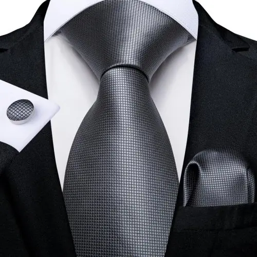 Image de Ensemble Cravate Homme Soie Jacquard Noir Blanc Gris Argent