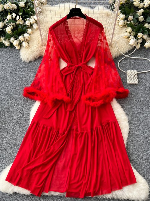 Afbeelding van Elegante Transparante Lange Mouw Sjaal Vest van Franse Gaas – Sexy en Stijlvolle Vrouwen Gewaden met Split voor Avond of Lounge