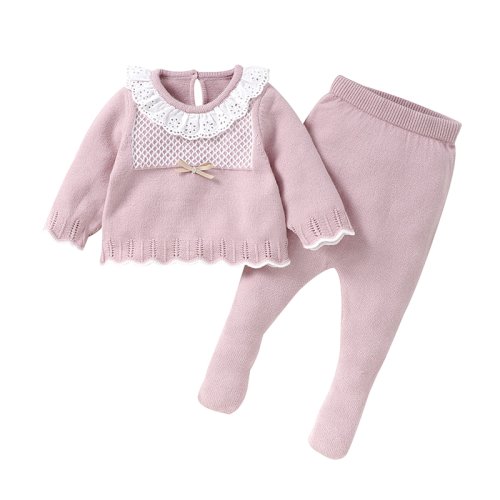 Afbeelding van 2-delige herfst-winter outfit voor baby meisjes: trui met popkraag en lange broek, effen kleur, geschikt voor 0-9 maanden