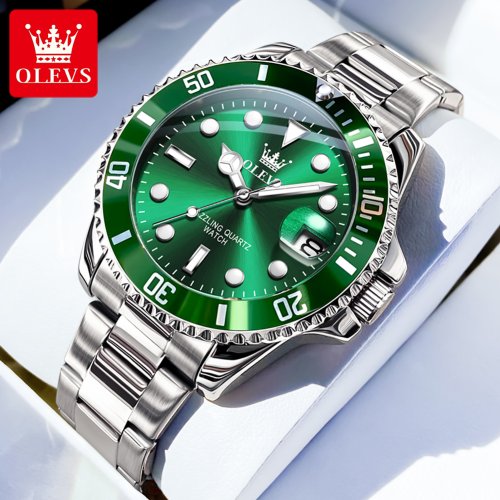 Imagen de OLEVS 5885 relojes para hombre, correa de acero inoxidable de negocios, reloj de cuarzo verde, calen...