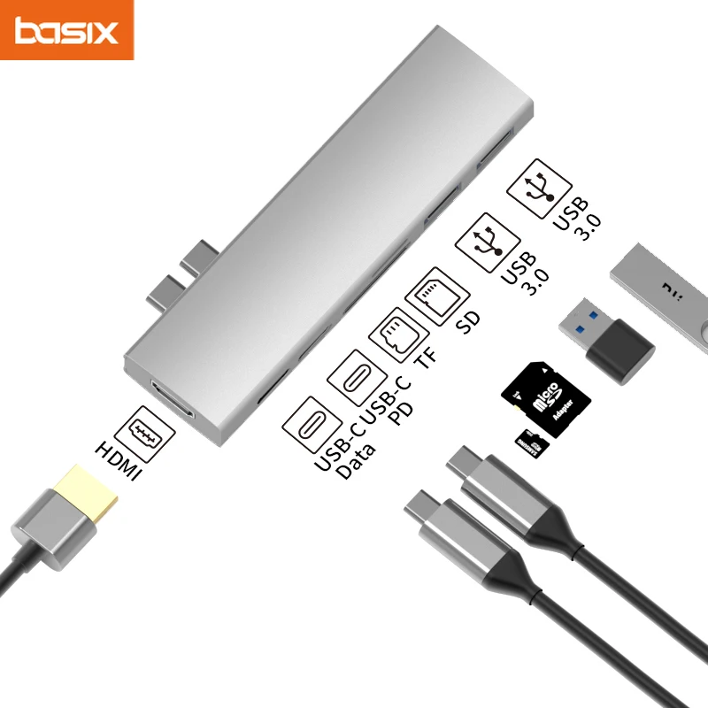 Image of Basix USB C Hub USB For MacBook Pro/Air M1 M2 2021 2020 2019 2018 Thunderbolt 3 PD USB 3.0 SD TF Card Reader Type C Hub Adapter