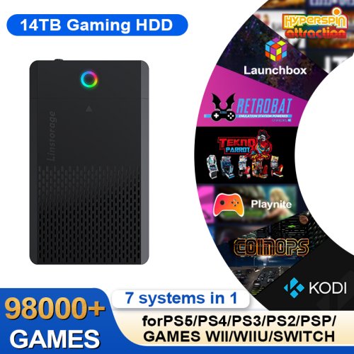 Afbeelding van Peaprit 14TB Gaming HDD met Hyperspin, Launchbox, Retrobat en Playnite – Compleet Retro Game Console Pakket voor PS5, PS4, PS3, PS2, Switch en Wii
