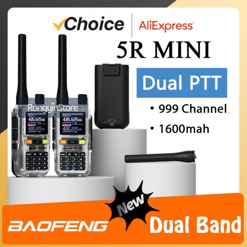 Immagine di Baofeng 5R Mini Walkie Talkie UHF/VHF con Doppio Orologio, Bluetooth, PTT Tipo C e Radio CB Bidirezionale Portatile per Caccia e Campeggio