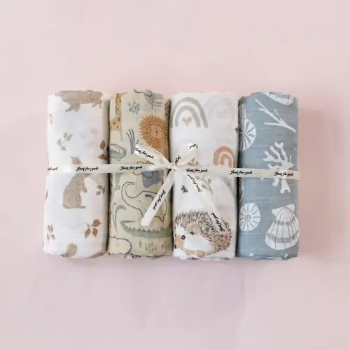 Image de Coffret Cadeau Bébé - 4 Couvertures d'Emmaillotage en Coton Bio