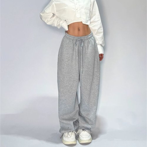 Imagen de Pantalones de chándal informales lisos para mujer, pantalón holgado con cordones de cintura alta, ropa de calle holgada clásica, pantalón deportivo para baile Y2K