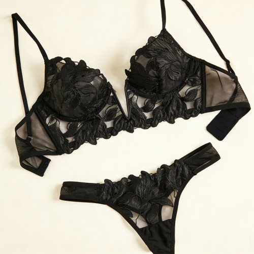 Image of Elegant Floral Fairy Lingerie Set with Charming See-Through Bra and Matching Briefs for Romantic Valentine's Nights