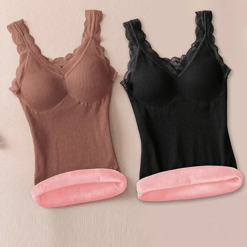 Imagen de Ropa Interior Térmica de Talla Grande para Mujer con Encaje de Terciopelo, Cuello en V, Chaleco Sexy Ajustado y Cálido, Camisola de Algodón para Mujeres de 40 a 90 kg
