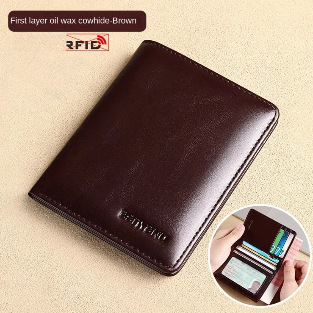 Image of Genuine Leather Rfid Wallet for Men Slim Vertical Wallets Black Thin Short ID Credit Card Holder Minimalist Men's Blue Money Bag