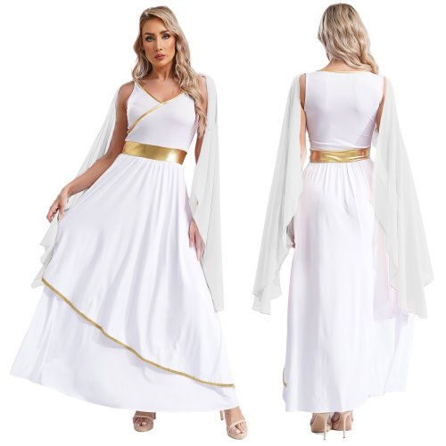 Immagine di Costumi da dea Toga greca antica da donna Festa di Halloween Scollo a V senza maniche Finiture dorate Toga Grecia Regina romana Abito cosplay