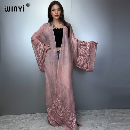Image of WINYI kimono Hand-dyed embroidered cardigan beachwear evening dress abaya dubai luxury cover-ups beach outfits women maxi coat