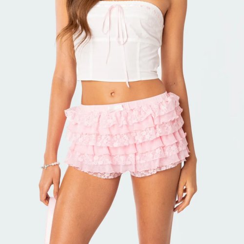 Immagine di Pantaloncini Bloomer in pizzo a rete da donna Y2k Pantaloncini con volant con volant a strati Pantal...