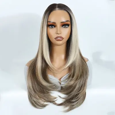 Image de Perruque Lace Front Synthétique Brune Ombrée - Sans Colle & Pré-Épilée