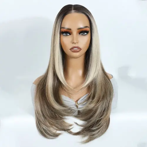 Image de Perruque Lace Front Synthétique Brune Ombrée - Sans Colle & Pré-Épilée
