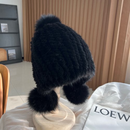 Afbeelding van Winter Hot Koop Echte Nertsen Bontmuts Voor Vrouwen Gebreide Nertsen Bont Oor Warme Muts De Spiraal Mutsen Cap Met Vossenbont Pompom Op De Top
