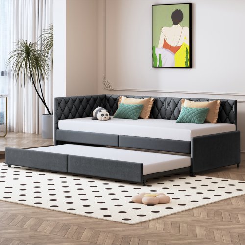 Bild von Rosahqnda gepolstertes Tagesbett 90 x 200 cm mit ausziehbarem Bett, Einzelbett, Schlafsofa und Lattenrost – Komfortables Sofa-Bett für Wohnzimmer und Gästezimmer