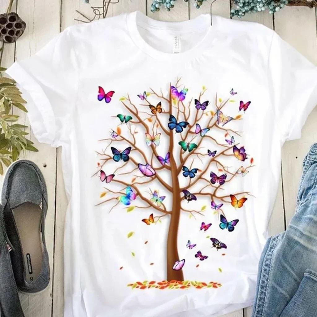 Afbeelding van Gothic Dames T-Shirt met Vlinderboom Print - Harajuku Stijl, Ronde Hals, Korte Mouw, Casual Zomer Top