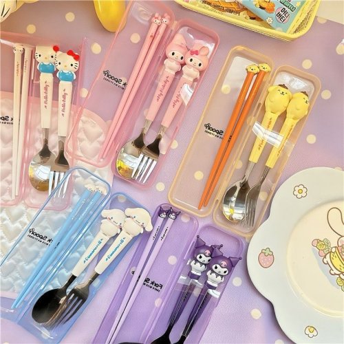 Bild von Heißer Verkauf 3-teiliges Kuromi Löffel Gabel Essstäbchen Set Nette Kreative Sanrio Nette Unabhängige Lagerung Box Geschenk