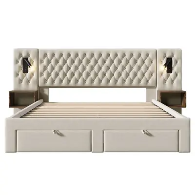 Image de Lit Capitonné avec Tables de Chevet et USB - Design Élégant