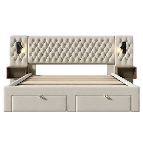 Image de Lit Capitonné avec Tables de Chevet et USB - Design Élégant