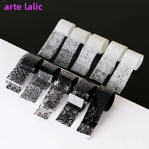 Imagen de 10 rollos de lámina de transferencia de encaje blanco y negro, 2,5x60cm, envolturas completas sexis para decoración de uñas, pegamento adhesivo de flores, herramientas de estilismo para manicura DIY