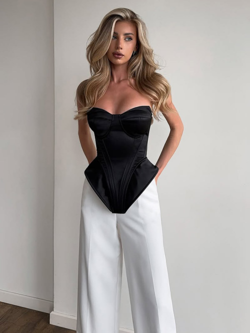 Zdjęcie Elegancki krótki top bez ramiączek z fiszbinami – modny, modelujący talię, bez rękawów i pleców, idealny na wakacje i imprezy