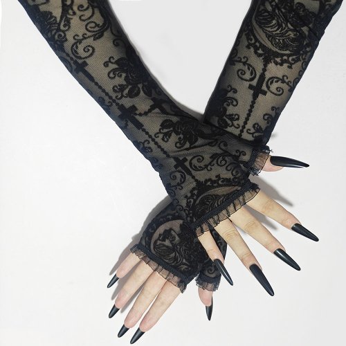 Afbeelding van Sexy Zwarte Lange Halfvinger Handschoenen met Skeletkruis en Bloemen Kant Mesh voor Vrouwen - Transparante Vingerloze Arm Mouwen voor Halloween en Cosplay