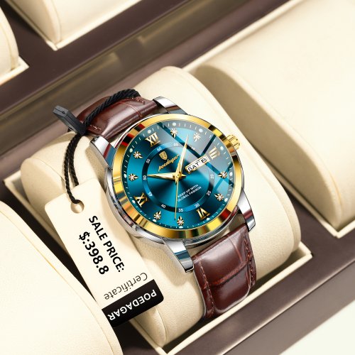 Image of Elegant Luxury Men's Waterproof Quartz Watch with Luminous Display, Date and Day Indicator, Genuine Leather Strap for Sports and Everyday Wear