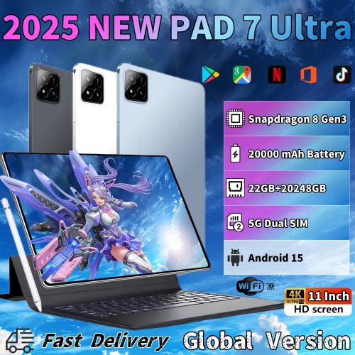 Image of 2025 Global Edition Pad 7S Ultra: 11-inch 5G Tablet with Snapdragon 8 Gen 3, Android 15, 2GB RAM, 2TB Storage, 20000mAh Battery, Dual SIM, HD Display – Powerful Portable PC Experience
