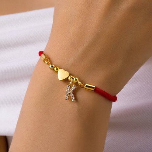Image of Elegant Stainless Steel Gold Color A-Z Heart Initial Letter Bracelet for Women with Lucky Red Adjustable Rope Charm Jewelry Gift