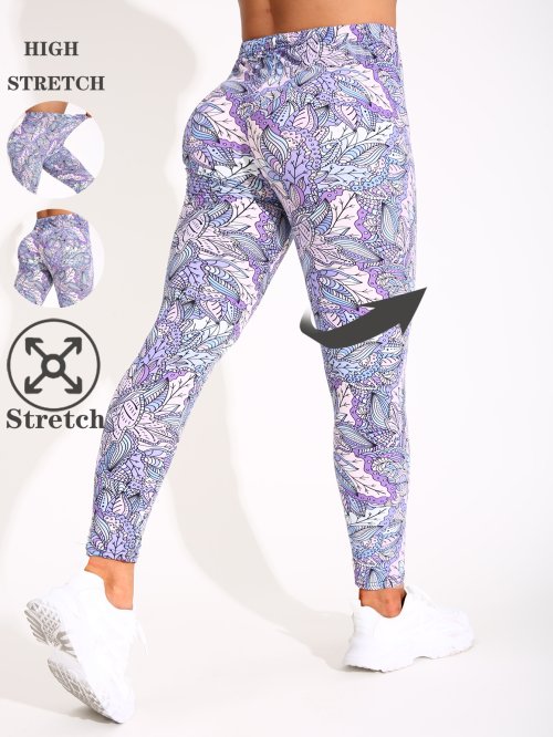 Immagine di Pantaloni Attillati da Donna con Stampa di Foglie Rosa e Viola – Leggings Casual, Fitness e Yoga ad Alta Elasticità, Modello Matita Sexy a Nove Punte