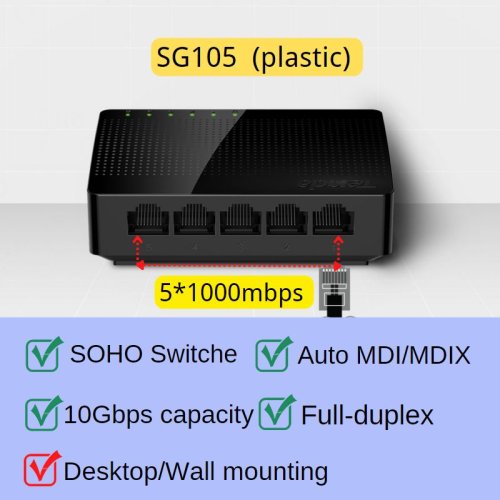 Bild von Tenda 5Port Full Gigabit Switch 1000 Mbit/s Smart Network Ethernet Desktop Switcher Fast Ethernet Netzwerk für Überwachungskamera