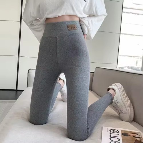 Immagine di Pantaloni Donna a Vita Alta in Cotone Grigio con Stampa Attillata, Modello Morbido e Sottile per Autunno, Taglie Grandi