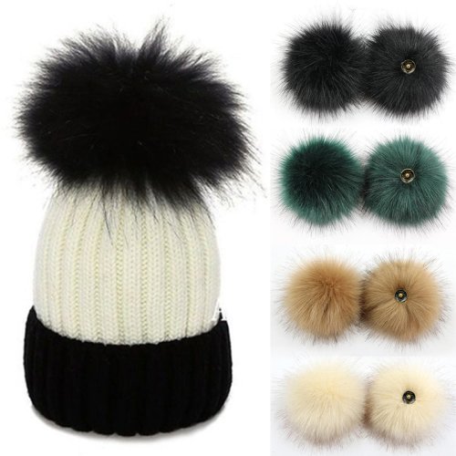 Imagen de Bolas de Piel Artificial de Zorro con Banda Elástica - Pompón Esponjoso de Imitación para Sombreros y Bolsos, 2 Piezas de 12 cm