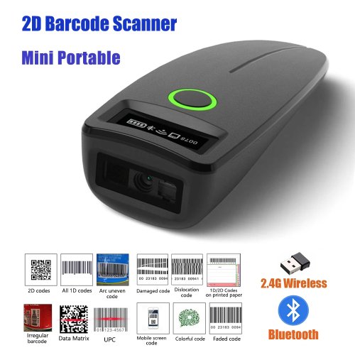 Image of Compact 2D Barcode Scanner with 2.4G Wireless & Bluetooth Connectivity – Handheld Portable 1D/2D QR Code, Data Matrix, PDF417 Reader with Built-in Storage