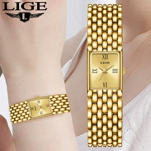 Immagine di LIGE 2025 Nuovo Orologio da Donna in Oro Orologio al Quarzo di Lusso Bracciale in Acciaio Inossidabile Moda Retro 30M Orologio Impermeabile per Le Donne reloj