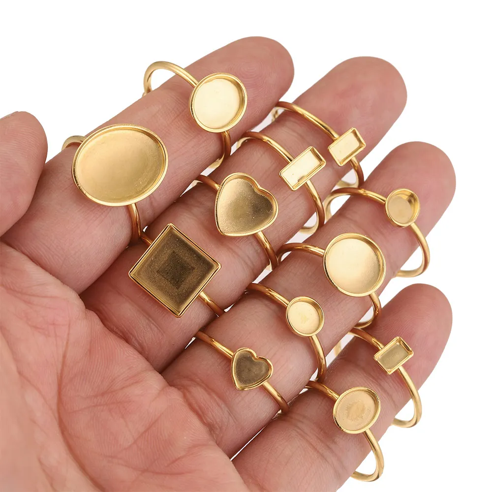 Immagine di 10 Anelli Aperti Regolabili in Acciaio Inossidabile con Base Vuota e Castone Cabochon per Creazione di Gioielli Fai Da Te