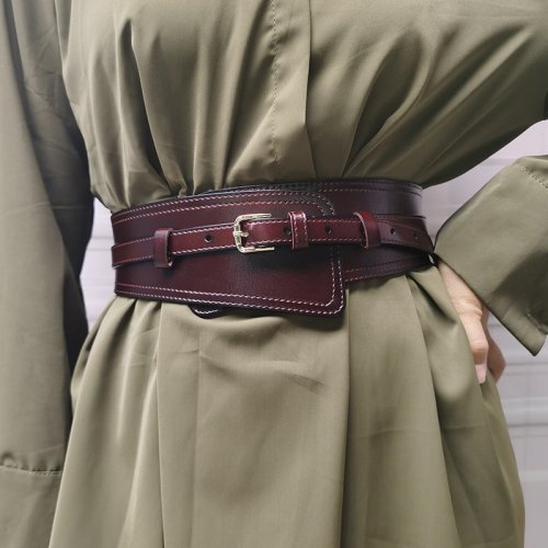 Image of Premium Genuine Cowhide Wide Leather Waist Belt for Women – Fashionable Versatile Dress and Coat Accessory with Elegant Decoration