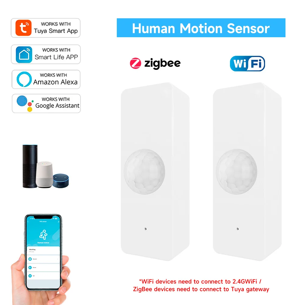 Image of Smart Home Human Body Infrared Motion Sensor with Wi-Fi & Zigbee Connectivity – Tuya Smart Life PIR Detector for Security, Works with Alexa and Google Home