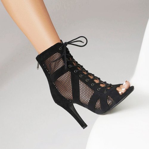 Zdjęcie Damskie buty do tańca latynoamerykańskiego Czarne botki Wysokie sznurowane sandały na wysokim obcasie Salsa Botki Tango z siateczki Damskie buty do tańca towarzyskiego na imprezę