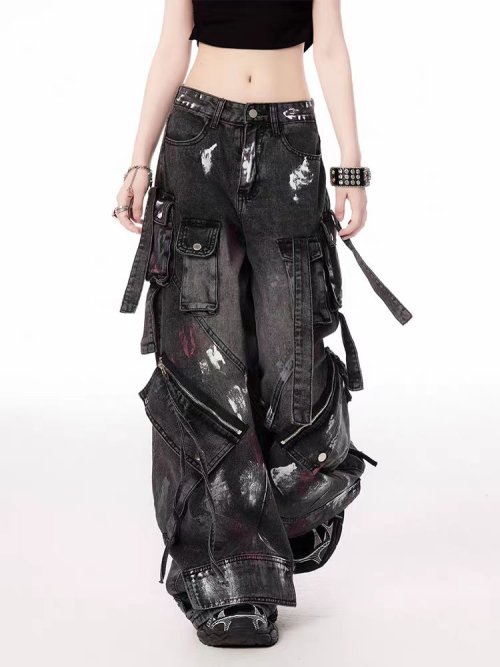 Imagen de Jeans Y2K Harajuku Gótico Multibolsillos Lavado Negro para Hombres y Mujeres, Estilo 2000s, Pantalones de Pierna Ancha con Diseño Industrial Pesado y Estética Hip Hop Urbana