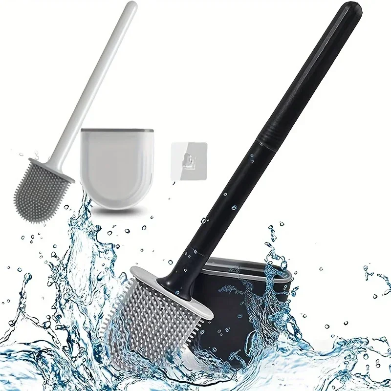 Imagen de Cepillo de limpieza de inodoro de silicona con cabezal plano flexible, montado en la pared, limpiador de inodoro negro, juego completo de soporte para baño y WC