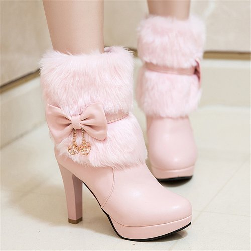 Image of 2025 Winter Women's Fashion High Heel Boots with Fur Tassel and Bowtie – Pink, White, Black – Lovely Lolita Style for Party, Wedding, and Cosplay Events – Sizes 34 to 43