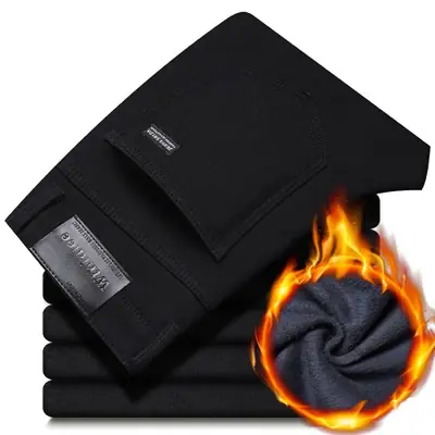 Image de Pantalon Hiver Homme Noir Chauffant - Jeans Épais Stretch Velours