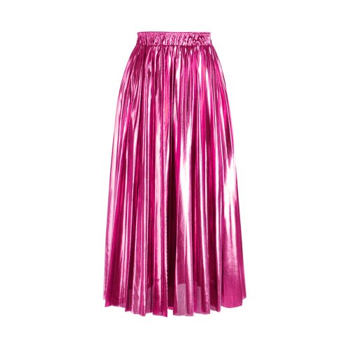 Image of Elegant Shiny Metallic Midi Skirt for Women – Spring 2025 Fashion Statement in Gold, Black & Pink with Elastic Waistband