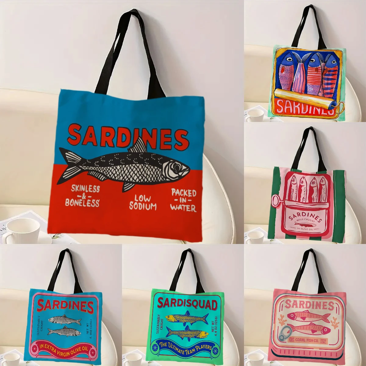 Image de Sac à Main Imprimé Sardines Colorées - Tendance & Réutilisable