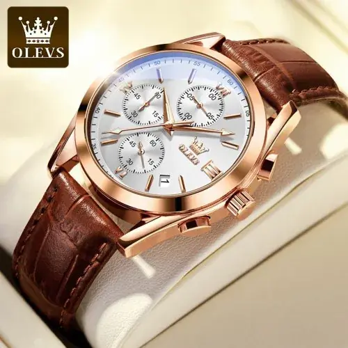 Image de Montre Homme Olevs 2872 - Bracelet Cuir Classique & Fonctions Pratiques