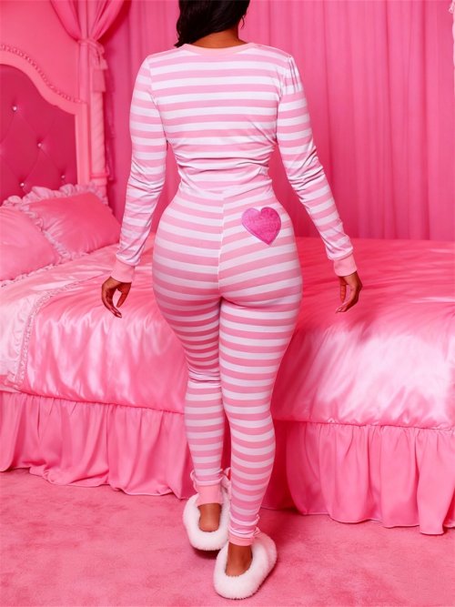 Image of Stylish Long Sleeve Button-Down Stripe Bodycon Jumpsuit for Women – Comfortable Lounge Wear & Casual Outfit