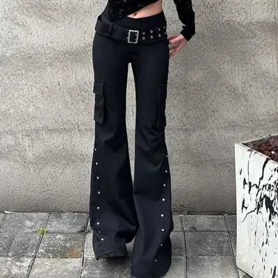 Image de Pantalon Y2K Gothique Évasé avec Rivets - Style Harajuku