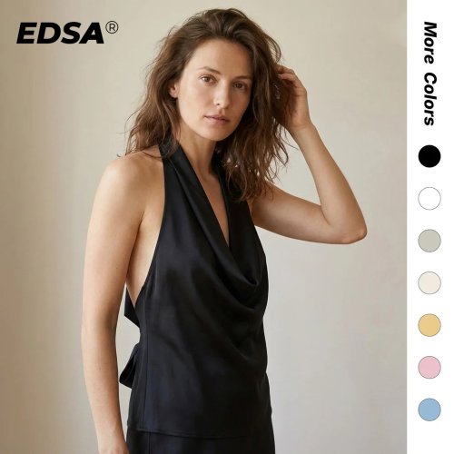 Bild von Eleganter Damen-Neckholder-Top aus Satin mit verstellbarer Krawatte, ärmellos, offenem Rücken und festem Kragen – Sommerlicher Strand-Stil, lässige Bluse